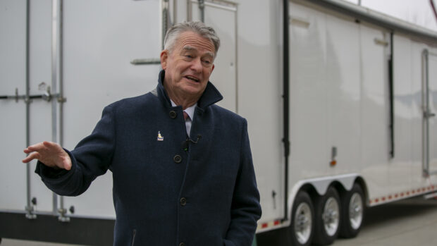 Gov. Brad Little visits Middleton High School on Wednesday, Jan. 26, 2022, at the start of the Idaho Trucking Association’s statewide tour to schools to promote trucking jobs. Photo taken by Kyle Pfannenstiel of Idaho EdNews.