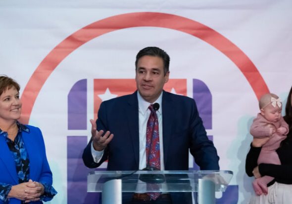 Idaho Attorney General candidate Raul Labrador gives a speech at the Idaho GOP election night watch party at the Grove in Boise, Idaho on November 8, 2022. (Otto Kitsinger for Idaho Capital Sun)